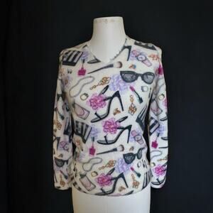 Tricotto V-Neck Sweater Lipstick Pearls Heels AOP Women's size Small Feminine